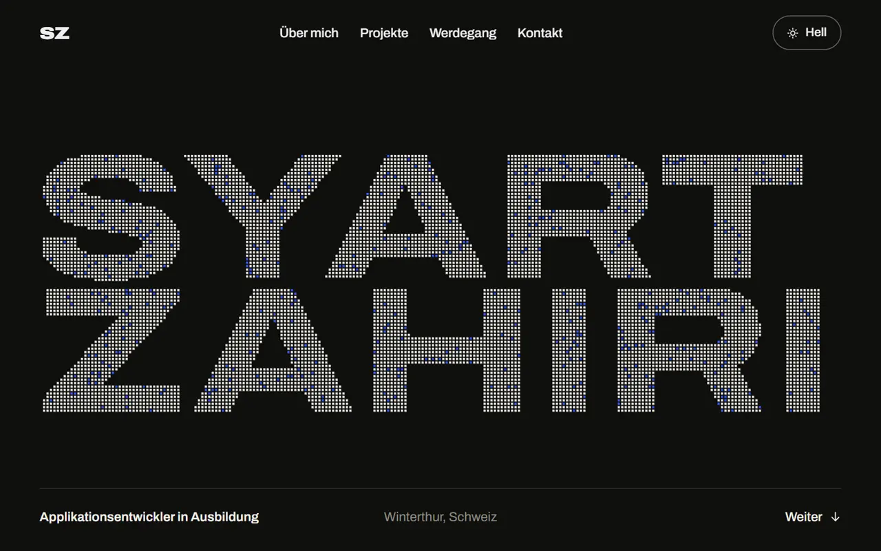 Startbildschirm von syartzahiri.ch im dunklen Modus mit dem Namen Syart Zahiri in grosser Punktschrift