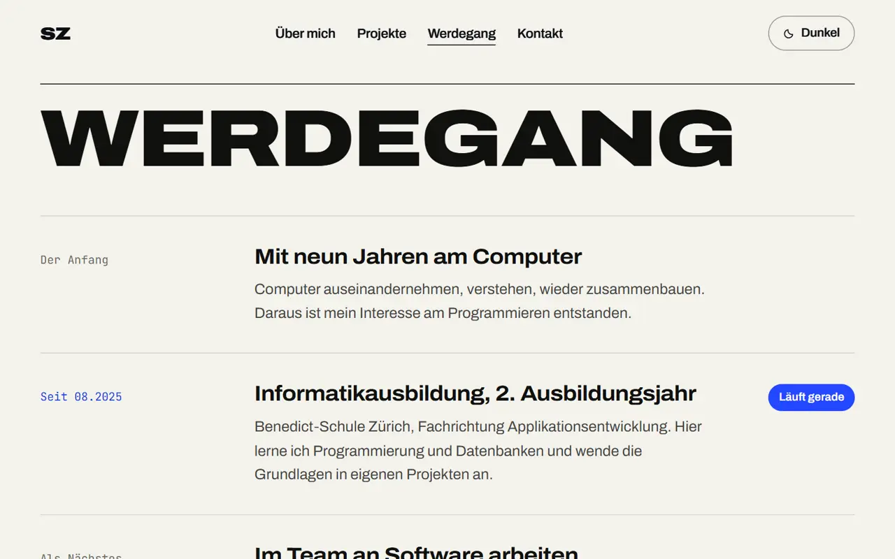 Abschnitt «Werdegang» von syartzahiri.ch im hellen Modus